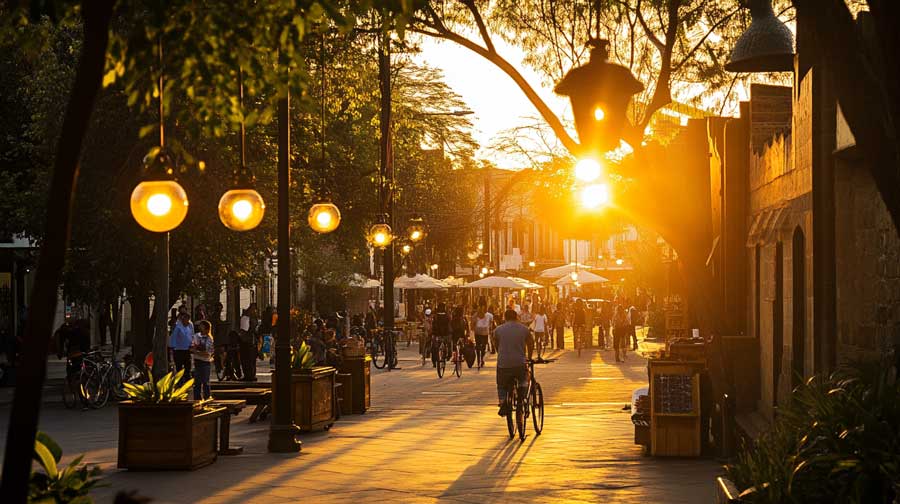 Atardecer en el centro histórico de Puebla, con calles iluminadas por luces cálidas y ciudadanos disfrutando de un entorno sostenible.